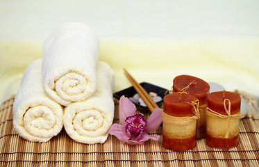 Image showing Still life on theme spa - candle, mat, towels