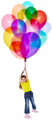 Image showing Little girl is flying on bunch of balloons