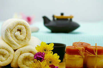 Image showing Spa composition - teapot, towels and candles