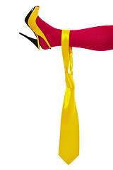 Image showing Male yellow necktie on female leg