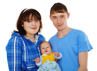 Image showing Young family - mom, dad and baby on white