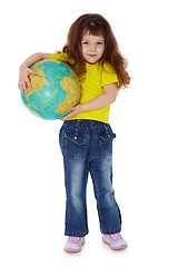 Image showing Little girl holding globe isolated on white