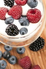 Image showing Yogurt with blueberries, raspberries and blackberries