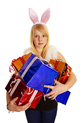 Image showing Young blonde in a bunny suit with gifts