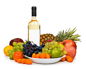 Image showing Still life - bottle of white wine among fruits on white