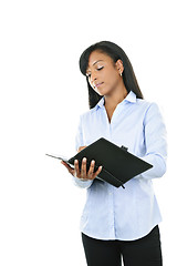 Image showing Serious woman with leather portfolio folder