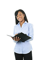 Image showing Smiling woman with leather portfolio folder