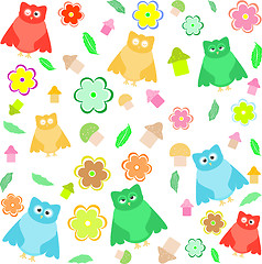 Image showing background with owls, leafs, mushrooms and flowers