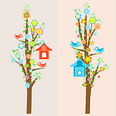 Image showing beautiful birds and birdhouses on trees