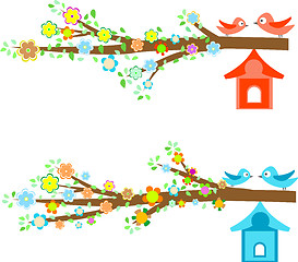 Image showing Cards birds sitting on branches and birdhouses