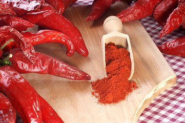 Image showing fresh red hot peppers were milled to paprika powder