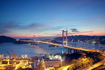 Image showing Beautiful night scenes of Tsing Ma Bridge in Hong Kong. 