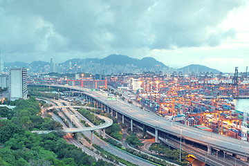 Image showing container terminal and stonecutter bridge in Hong Kong 