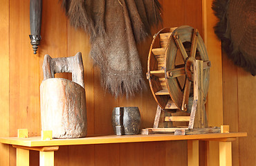 Image showing Vintage baskets and other tools used on an old Chinese salt farm