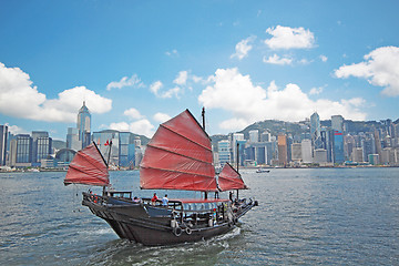 Image showing Chinese sailing ship in Hong Kong Victoria Habour 