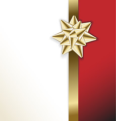 Image showing golden bow on a ribbon with white and red background 
