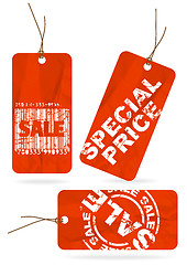 Image showing Set of red crumpled sale paper tags