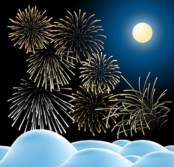 Image showing Winter christmas landscape with fireworks