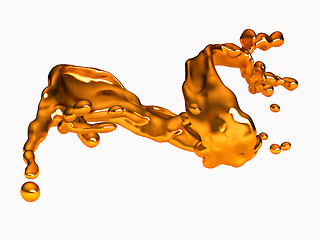 Image showing Splash of golden fluid with drops over white