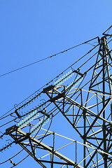 Image showing Detail of electricity pylon against blue sky 