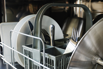 Image showing plates, forks, knives, in the dishwasher