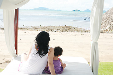 Image showing mom with a child watching the beach on the bed