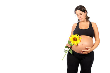 Image showing pregnant woman with beautiful belly and sunflower