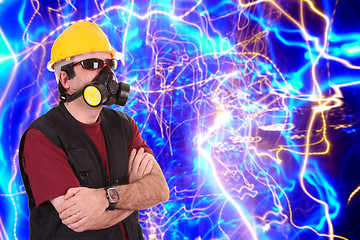 Image showing architect with gas mask, polution chemical concept