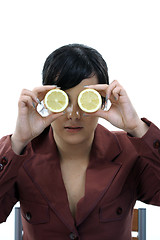 Image showing beautiful woman with orange and lemon, healthy citrin photo