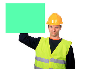 Image showing worker with empty publicity frame. Object over white