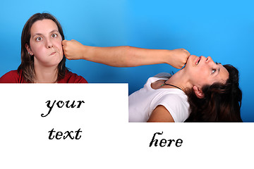 Image showing young woman fighting with space for your advertising copy