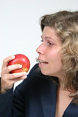 Image showing woman with beautiful red apple, healthy food