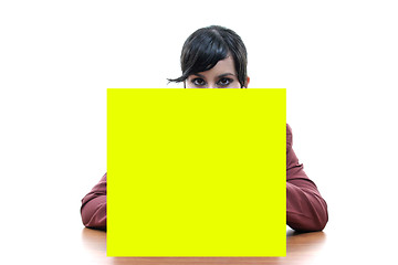 Image showing Young woman holding blank board