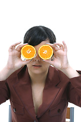 Image showing beautiful woman with orange and lemon, healthy citrin photo