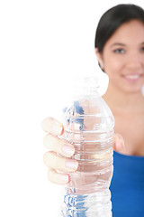 Image showing beautiful woman with bottle of water over white  