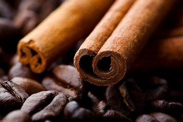 Image showing Cinnamon sticks and coffee beans