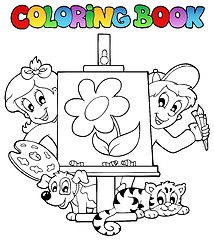Image showing Coloring book with kids and canvas