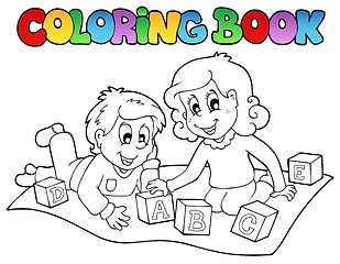 Image showing Coloring book with kids and bricks