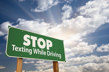 Image showing Stop Texting While Driving Green Road Sign