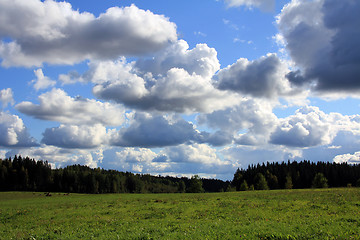 Image showing Clouds over green grass meadows