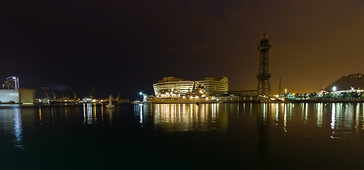 Image showing Night views of the Port of Barcelona Spain