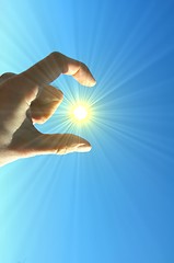 Image showing hand fingers sky and sun