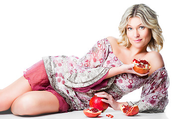 Image showing blonde woman with pomegranate