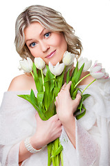 Image showing blonde woman with bouquet of tulips