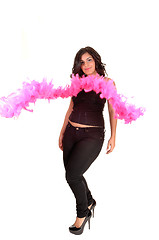 Image showing Teenager with pink feathers.