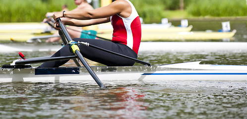 Image showing Single scull women's rowing start