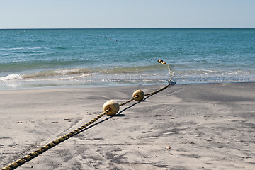 Image showing Buoys on sandy beach