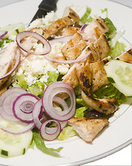 Image showing Greek salad feta cheese  grilled chicken fillet pieces