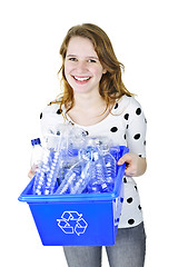 Image showing Young woman holding recycling box