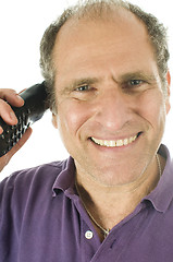 Image showing man middle age happy smiling  telephone conversation customer se